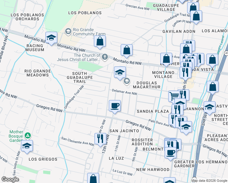 map of restaurants, bars, coffee shops, grocery stores, and more near 5121 12th Street Northwest in Albuquerque