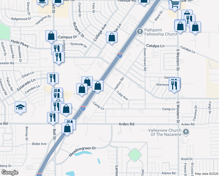 map of restaurants, bars, coffee shops, grocery stores, and more near 5117 Tulip Avenue in Amarillo