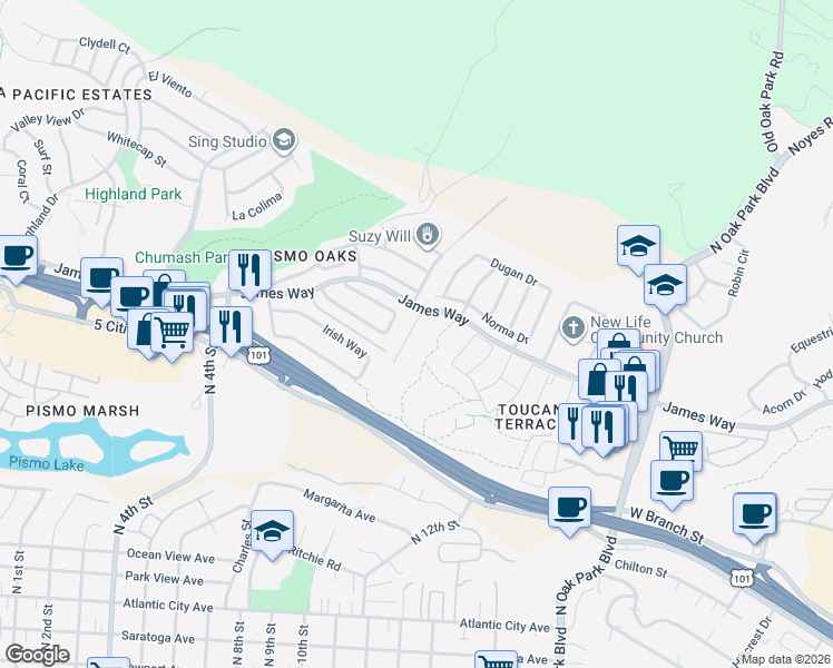 map of restaurants, bars, coffee shops, grocery stores, and more near 110 Narlene Way in Pismo Beach