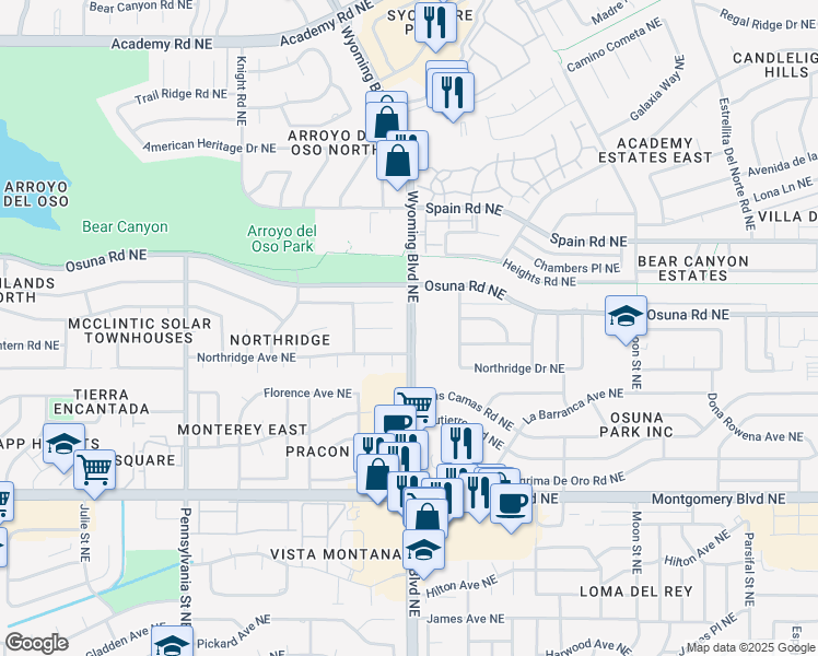 map of restaurants, bars, coffee shops, grocery stores, and more near Wyoming Boulevard Northeast in Albuquerque