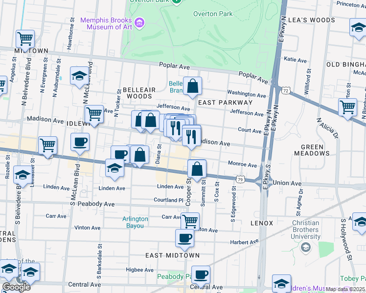map of restaurants, bars, coffee shops, grocery stores, and more near 2113 Trimble Place in Memphis