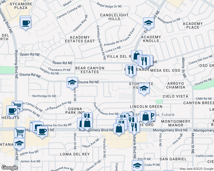 map of restaurants, bars, coffee shops, grocery stores, and more near 4925 Osuna Place Northeast in Albuquerque