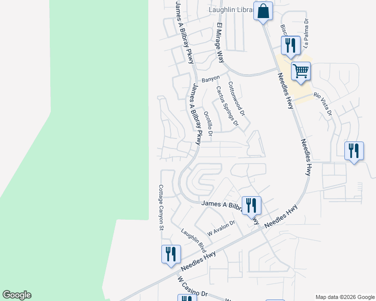 map of restaurants, bars, coffee shops, grocery stores, and more near 3373 Pheasant Canyon Way in Laughlin
