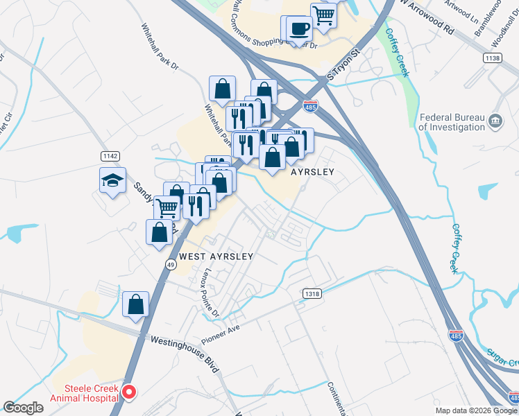 map of restaurants, bars, coffee shops, grocery stores, and more near 8352 Scotney Bluff Avenue in Charlotte