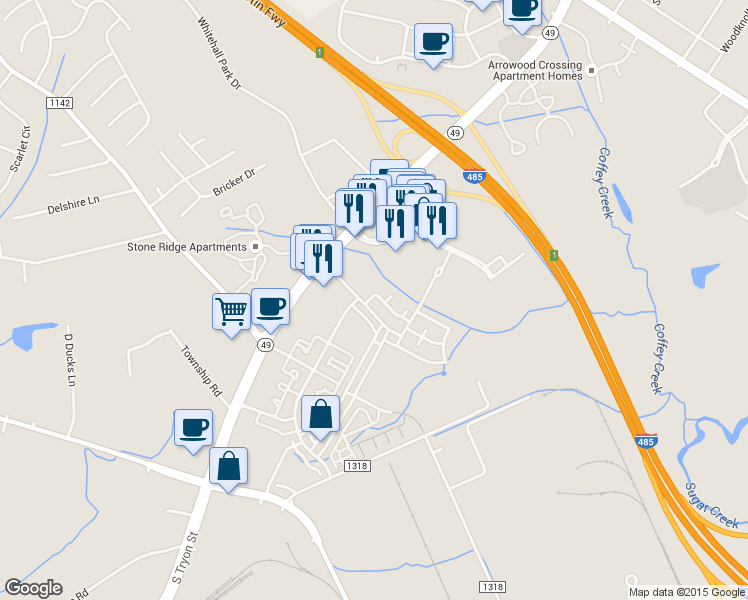 map of restaurants, bars, coffee shops, grocery stores, and more near 8352 Scotney Bluff Avenue in Charlotte