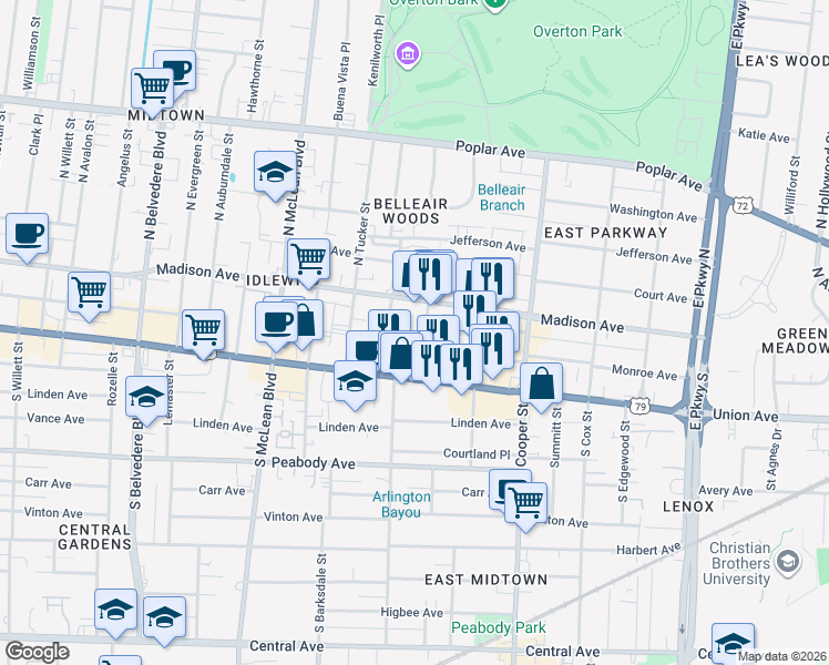 map of restaurants, bars, coffee shops, grocery stores, and more near 30 South Morrison Street in Memphis