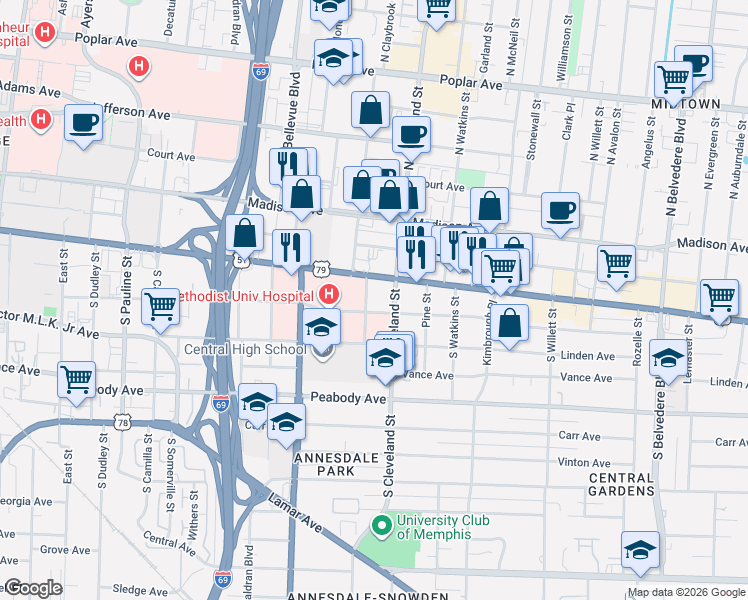 map of restaurants, bars, coffee shops, grocery stores, and more near 221 South Claybrook Street in Memphis