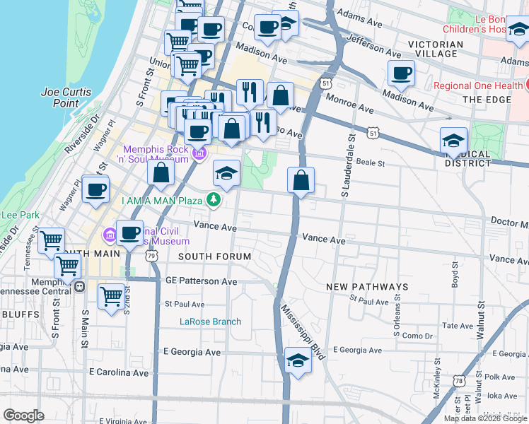map of restaurants, bars, coffee shops, grocery stores, and more near 408 East Pontotoc Avenue in Memphis
