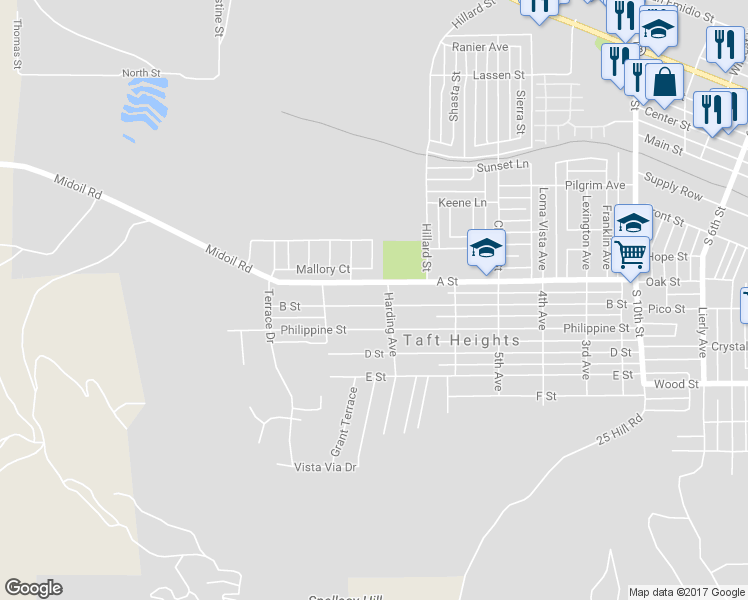 map of restaurants, bars, coffee shops, grocery stores, and more near 706 B Street in Taft