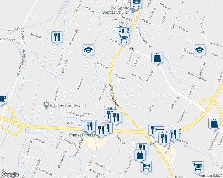 map of restaurants, bars, coffee shops, grocery stores, and more near 2137 Southeast Dalton Pike in Cleveland
