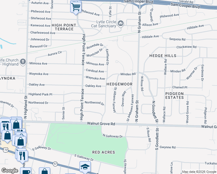 map of restaurants, bars, coffee shops, grocery stores, and more near 162 Eastland Drive in Memphis