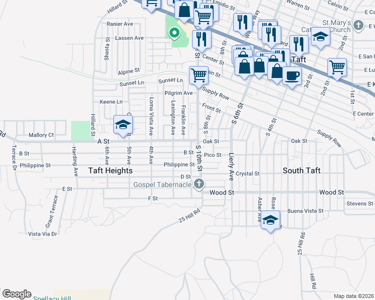 map of restaurants, bars, coffee shops, grocery stores, and more near 203 B Street in Taft