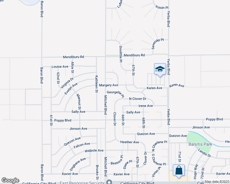 map of restaurants, bars, coffee shops, grocery stores, and more near Georgette Place in California City