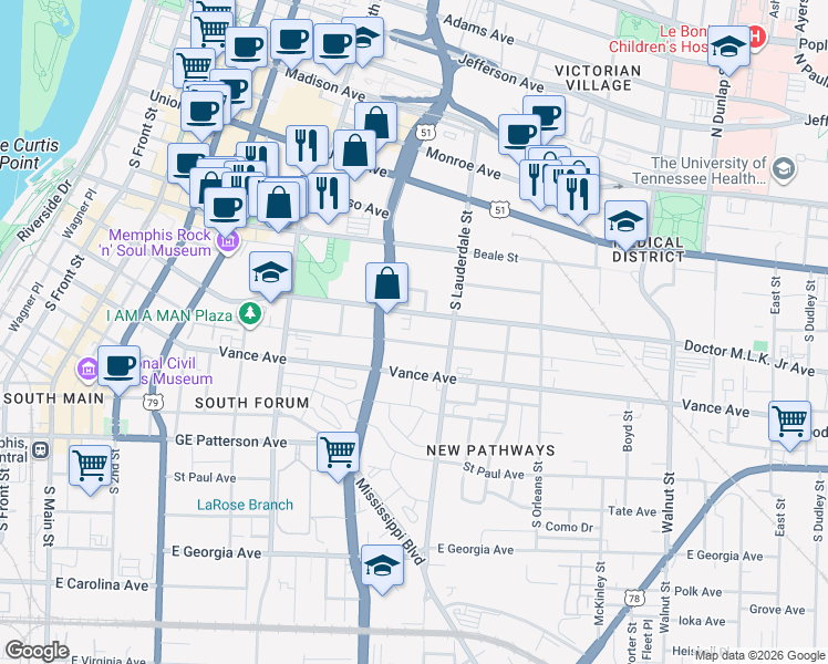 map of restaurants, bars, coffee shops, grocery stores, and more near 506 East Pontotoc Avenue in Memphis