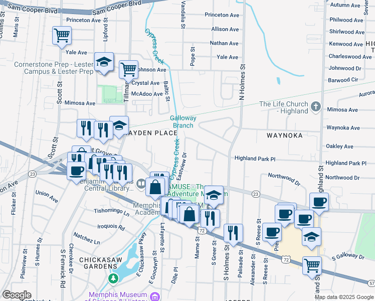 map of restaurants, bars, coffee shops, grocery stores, and more near 152 Eastview Drive in Memphis