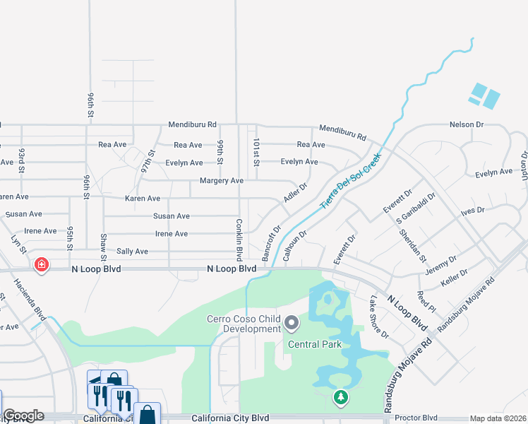 map of restaurants, bars, coffee shops, grocery stores, and more near 10029 Achilles Court in California City