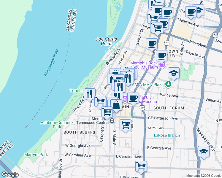 map of restaurants, bars, coffee shops, grocery stores, and more near South Front Street & Huling Avenue in Memphis