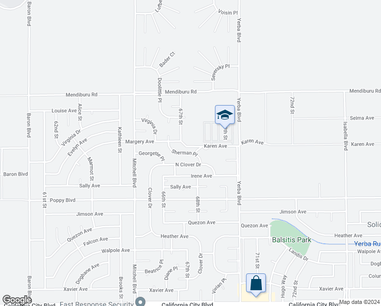 map of restaurants, bars, coffee shops, grocery stores, and more near Sherman Place in California City