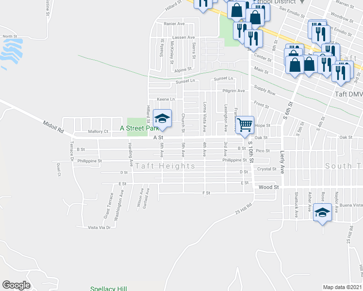 map of restaurants, bars, coffee shops, grocery stores, and more near 500 B Street in Taft
