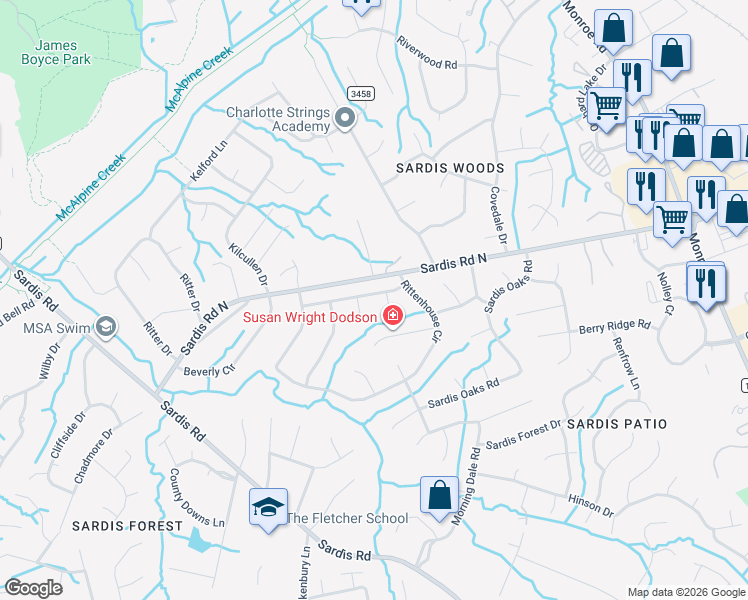 map of restaurants, bars, coffee shops, grocery stores, and more near 714 Mattingwood Drive in Charlotte