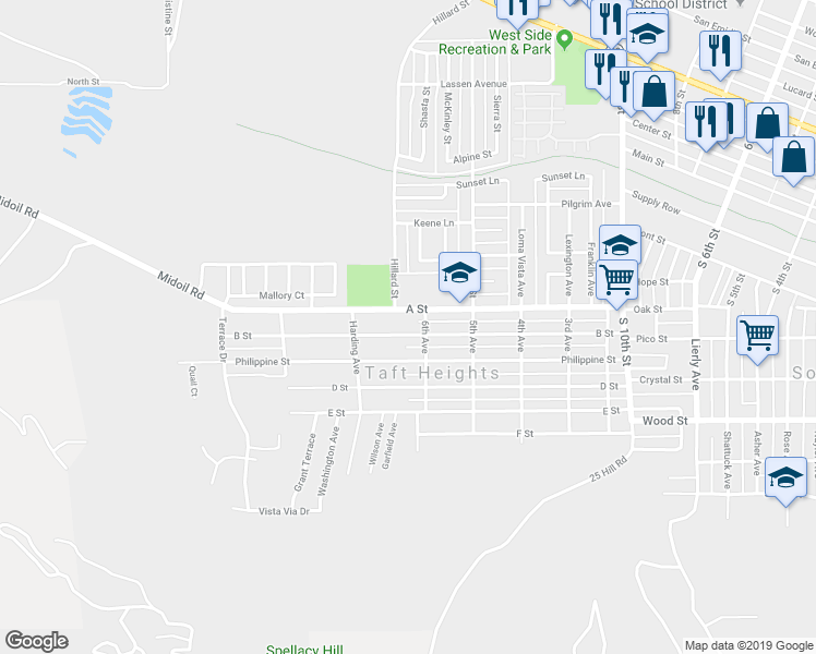map of restaurants, bars, coffee shops, grocery stores, and more near 606 B Street in Taft