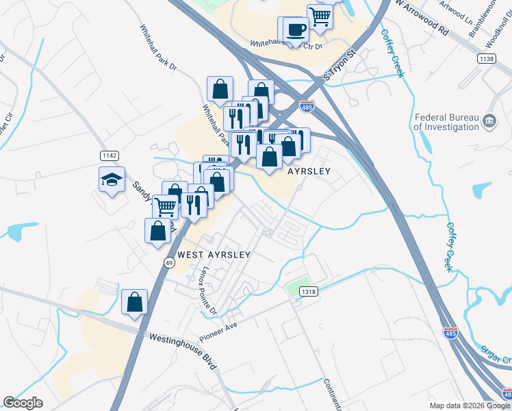 map of restaurants, bars, coffee shops, grocery stores, and more near 8429 Scotney Bluff Avenue in Charlotte