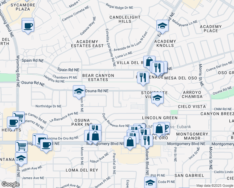 map of restaurants, bars, coffee shops, grocery stores, and more near 4925 Osuna Place Northeast in Albuquerque