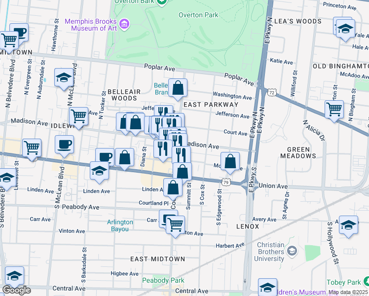 map of restaurants, bars, coffee shops, grocery stores, and more near 2157 Madison Avenue in Memphis