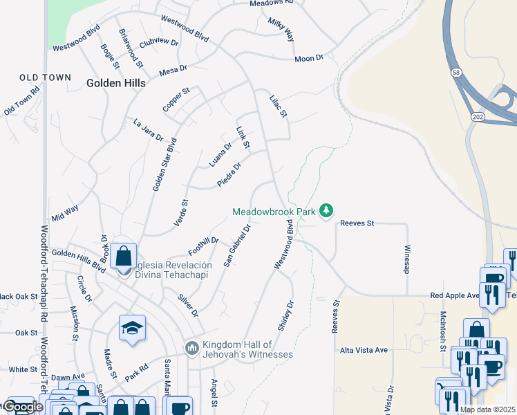 map of restaurants, bars, coffee shops, grocery stores, and more near 21800 San Gabriel Drive in Tehachapi