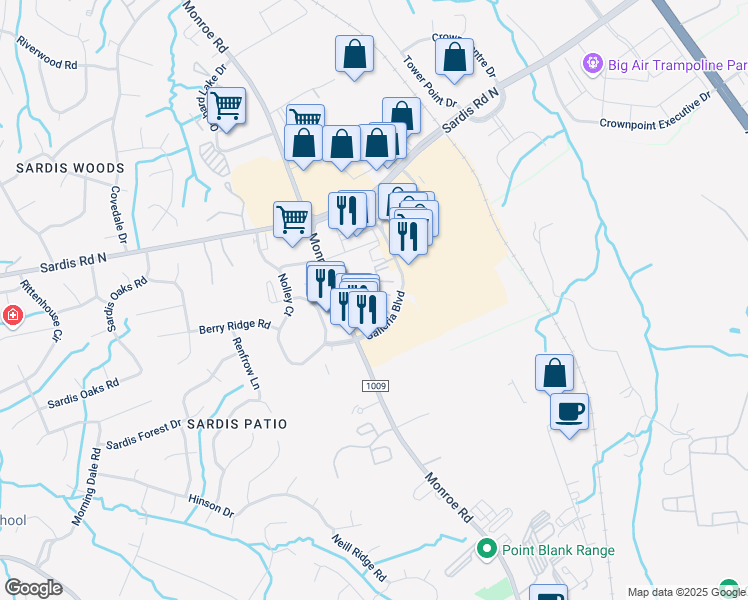 map of restaurants, bars, coffee shops, grocery stores, and more near 1619 Galleria Club Ln in Charlotte