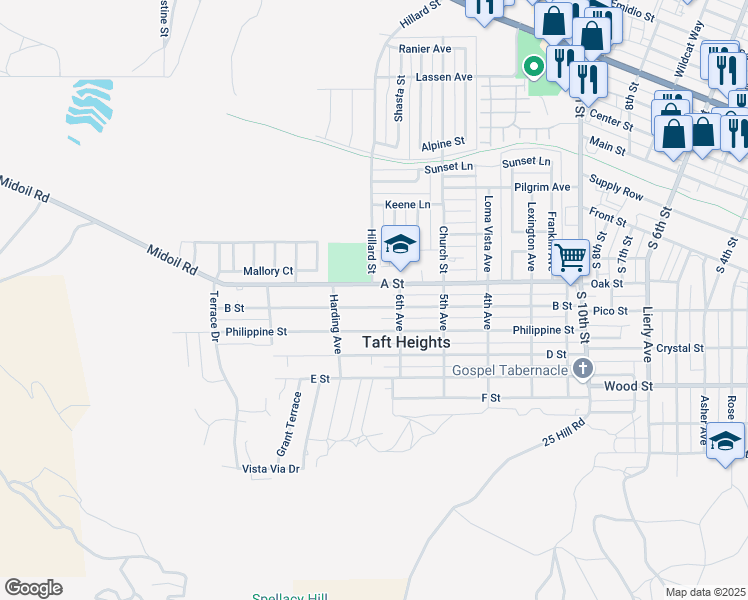 map of restaurants, bars, coffee shops, grocery stores, and more near 606 B Street in Taft