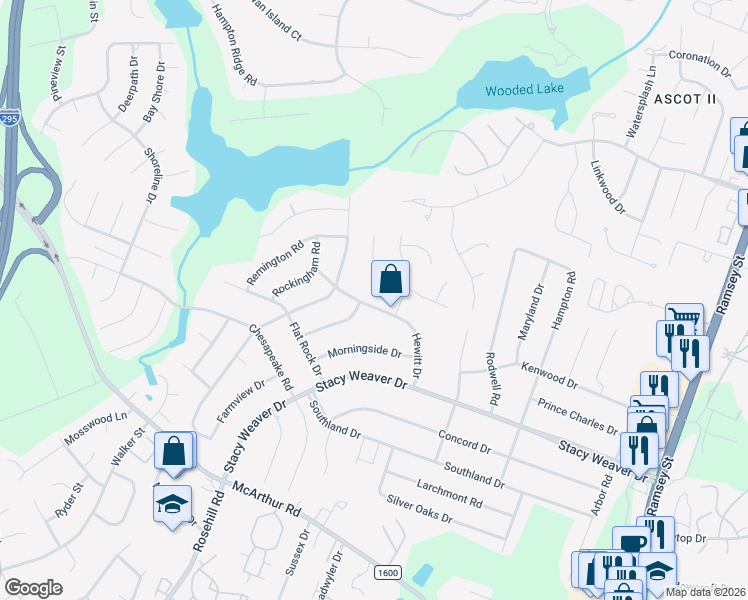 map of restaurants, bars, coffee shops, grocery stores, and more near 5156 Hewitt Drive in Fayetteville