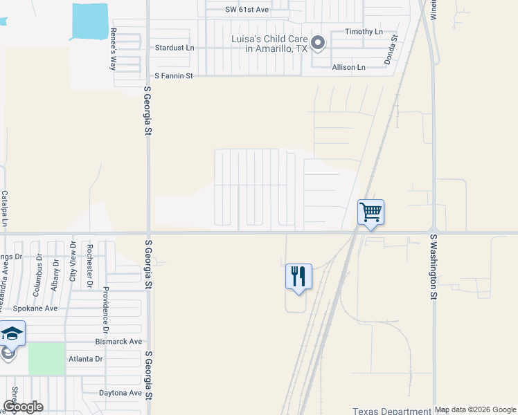 map of restaurants, bars, coffee shops, grocery stores, and more near 7202 Voyager Trail in Amarillo
