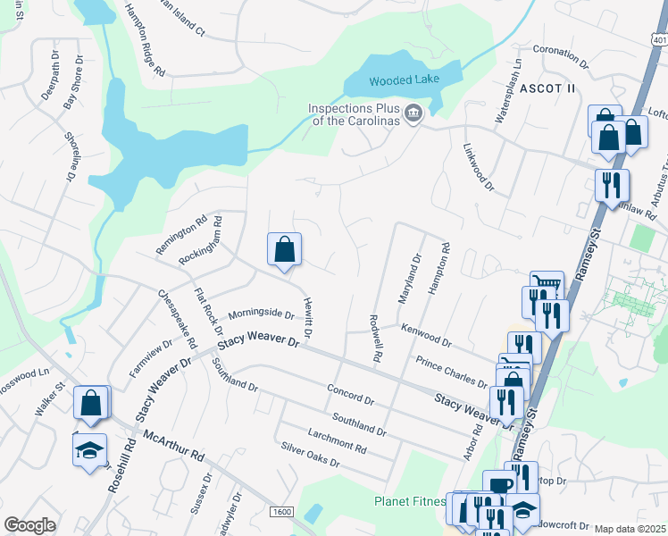 map of restaurants, bars, coffee shops, grocery stores, and more near 408 Nottingham Drive in Fayetteville