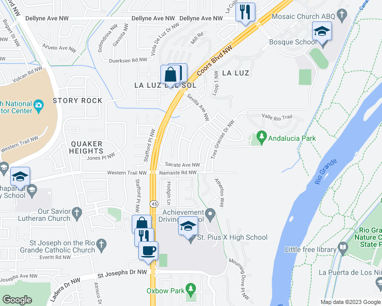 map of restaurants, bars, coffee shops, grocery stores, and more near 4624 Mi Cordelia Drive Northwest in Albuquerque