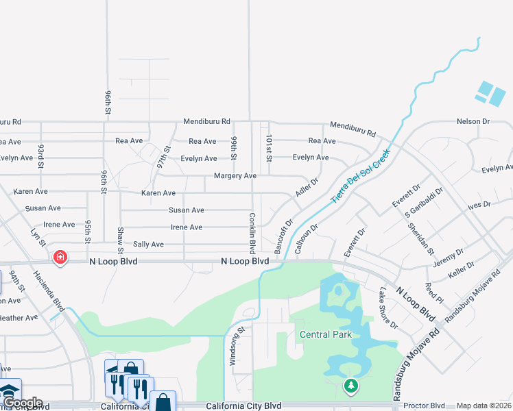 map of restaurants, bars, coffee shops, grocery stores, and more near 21660 Conklin Boulevard in California City