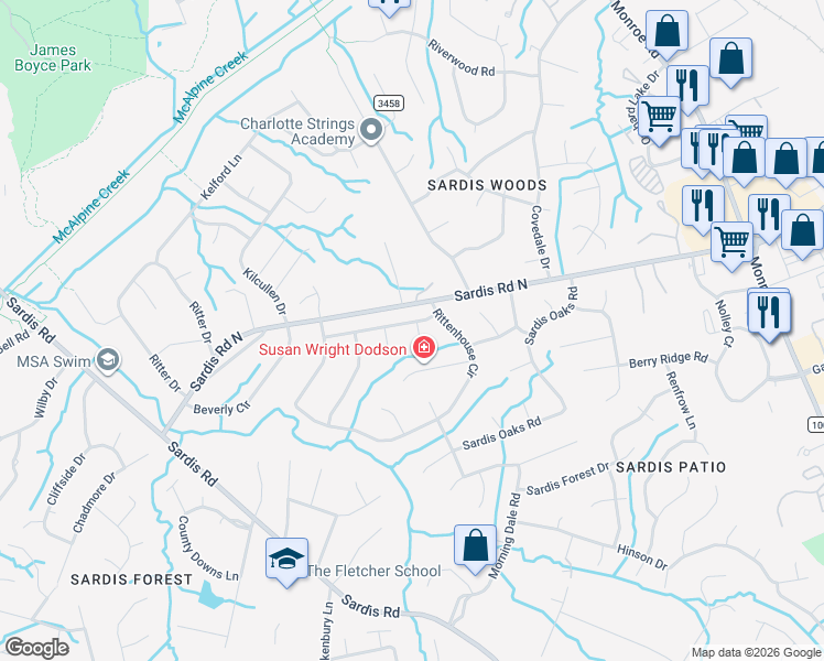 map of restaurants, bars, coffee shops, grocery stores, and more near 714 Mattingwood Drive in Charlotte
