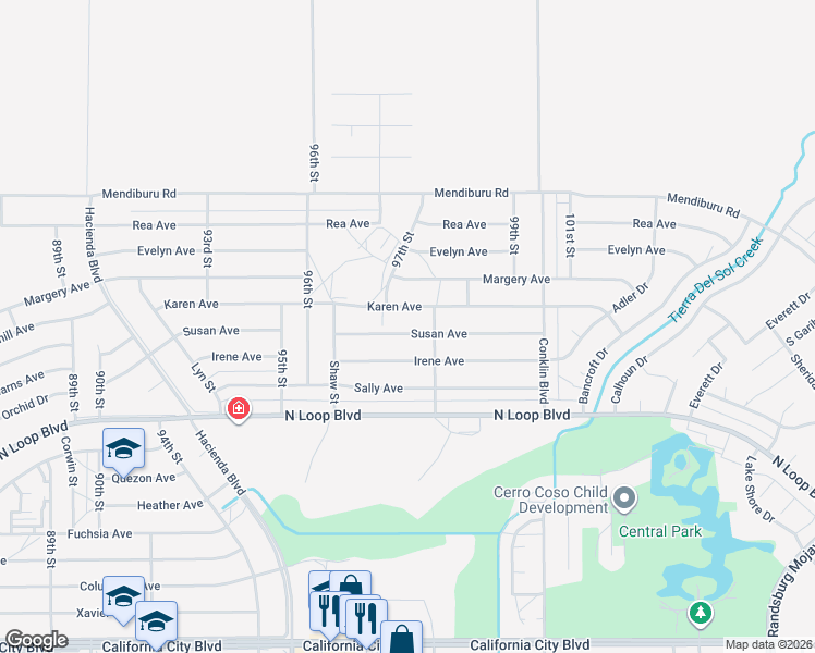 map of restaurants, bars, coffee shops, grocery stores, and more near 9725 Susan Avenue in California City