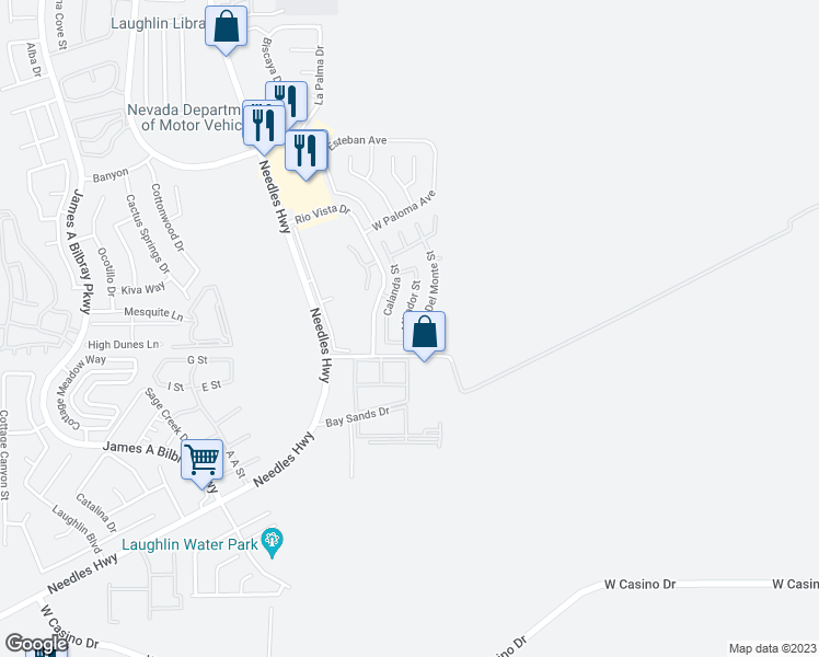 map of restaurants, bars, coffee shops, grocery stores, and more near 3330 Mirador Street in Laughlin
