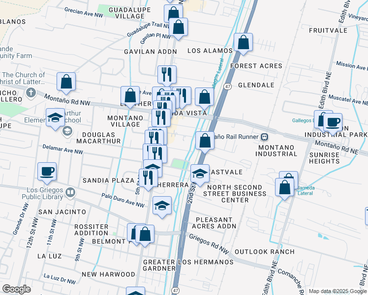 map of restaurants, bars, coffee shops, grocery stores, and more near 225 Natalie Avenue Northwest in Albuquerque