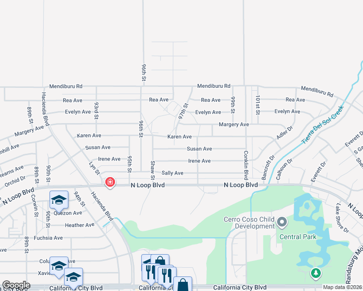 map of restaurants, bars, coffee shops, grocery stores, and more near 9709 Susan Avenue in California City