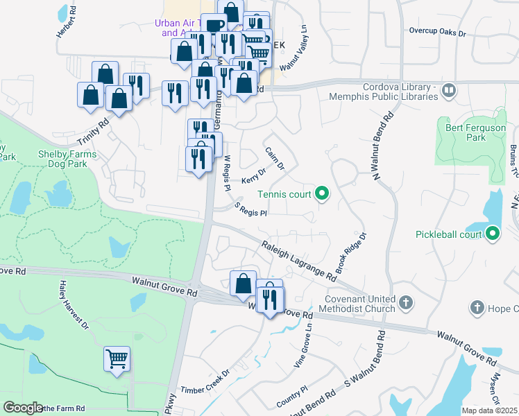 map of restaurants, bars, coffee shops, grocery stores, and more near 8100 South Regis Place in Memphis