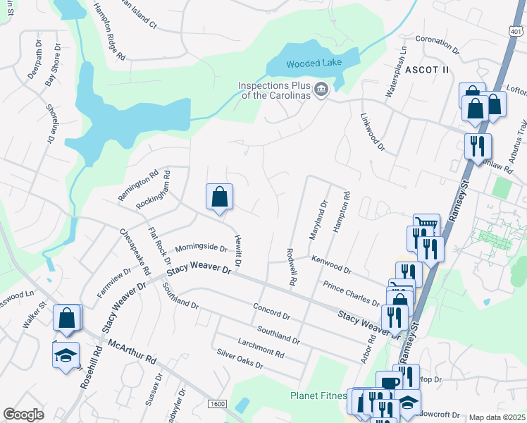 map of restaurants, bars, coffee shops, grocery stores, and more near 408 Nottingham Drive in Fayetteville
