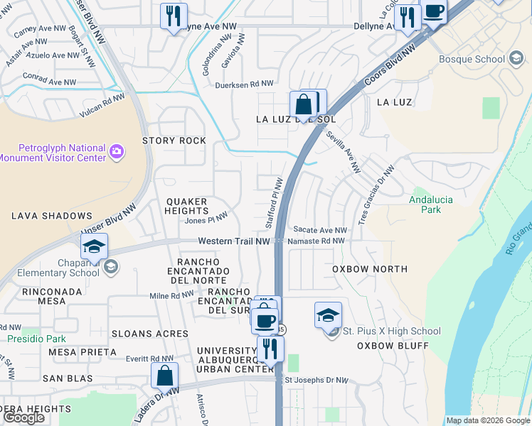 map of restaurants, bars, coffee shops, grocery stores, and more near 5505 Payson Court Northwest in Albuquerque