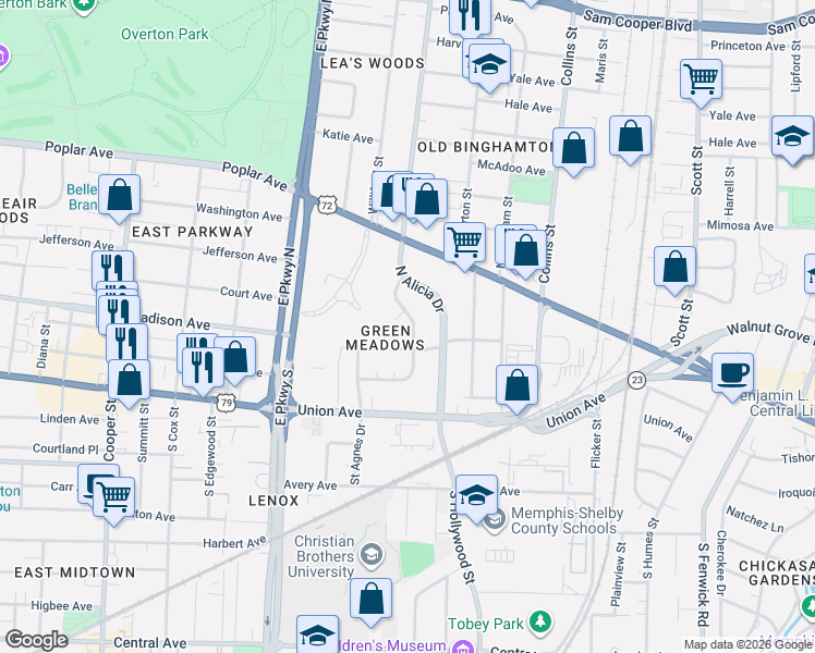 map of restaurants, bars, coffee shops, grocery stores, and more near 23 Ashlawn Cove in Memphis