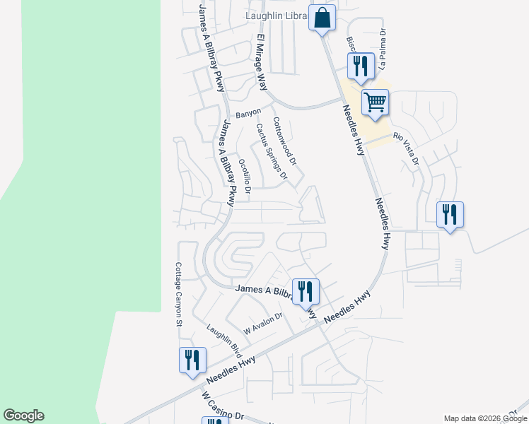 map of restaurants, bars, coffee shops, grocery stores, and more near 2165 Pebble Creek Lane in Laughlin