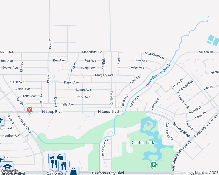 map of restaurants, bars, coffee shops, grocery stores, and more near 9957 Susan Avenue in California City