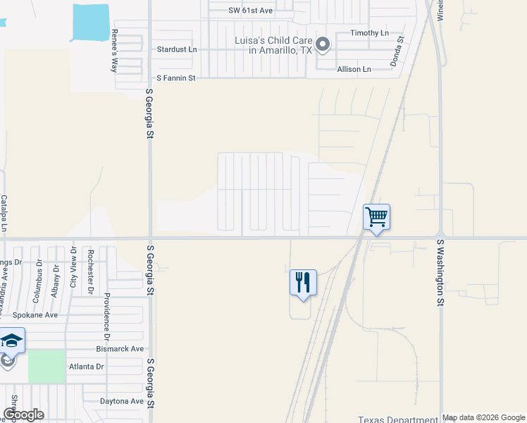 map of restaurants, bars, coffee shops, grocery stores, and more near 7202 Voyager Trail in Amarillo