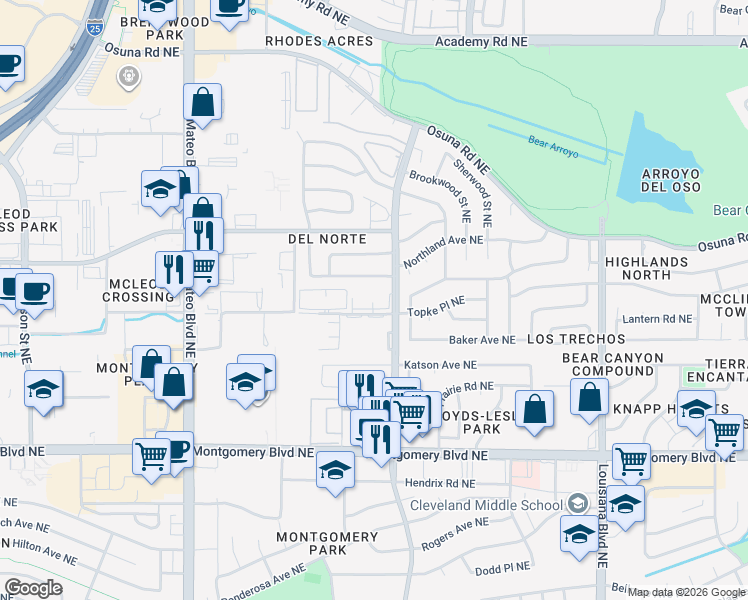 map of restaurants, bars, coffee shops, grocery stores, and more near 4401 San Pedro Drive Northeast in Albuquerque