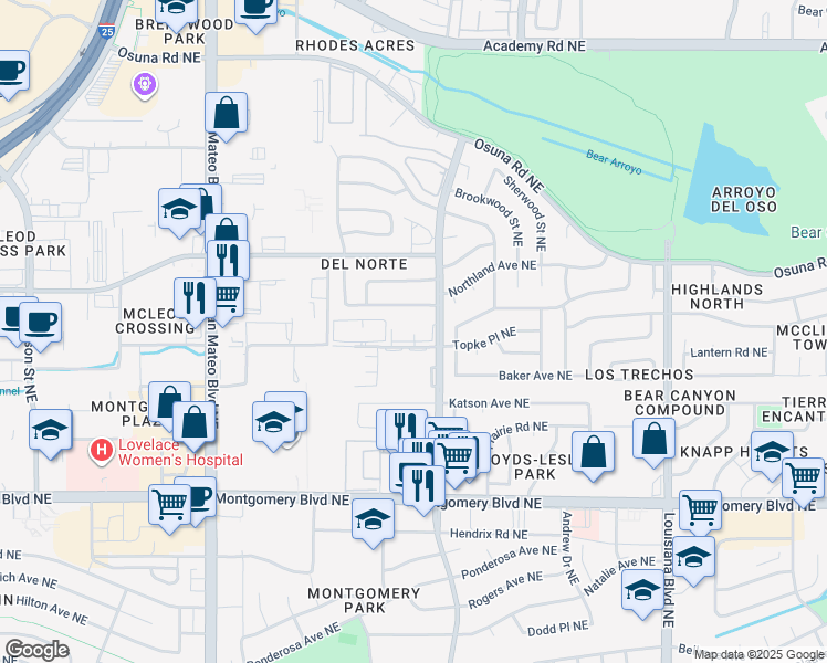 map of restaurants, bars, coffee shops, grocery stores, and more near 4401 San Pedro Drive Northeast in Albuquerque